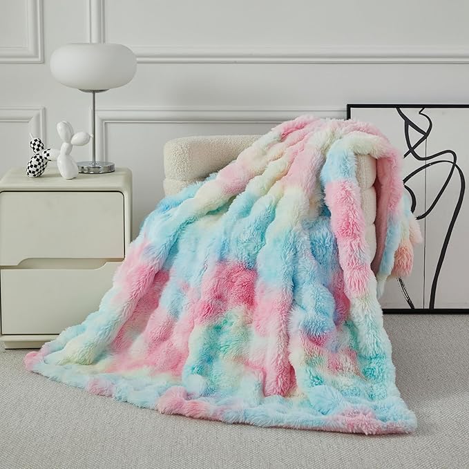 Faux Fur Throw Blanket for Couch Cozy Fuzzy Soft Plush Thick Fluffy Fleece Bubble Blanket for Sofa Bedroom Living Room, 63x79 Inches Rainbow
