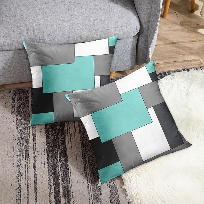 Emvency Set of 2 Teal Geometric Throw Pillow Cover Black Grey White Painting Abstract Checkered Design Decorative Pillow Case Modern Home Decor Standard Square 18x18 Inch Cushion Pillowcase