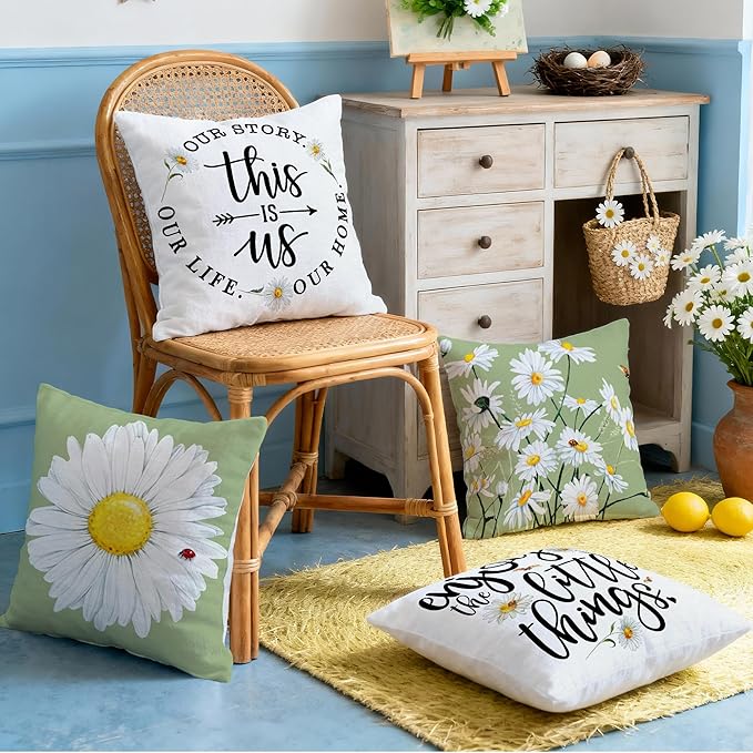Hexagram Spring Summer Pillow Covers 20x20 Set of 4, Floral Daisy Outdoor Decorative Throw Pillow Covers, Green Farmhouse Cushion Case for Couch Sofa Living Room Bedroom Home Indoor Decor(No Insert)