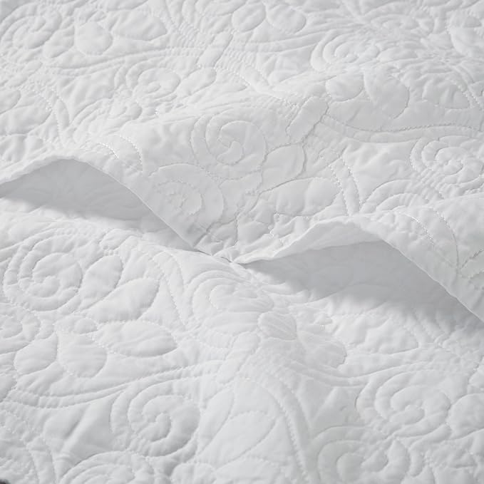 Madison Park Throw Blanket - Reversible Damask Quilting Design, Soft Pre-washed Microfiber, Cotton Filled Spread, Cozy Summer Blanket - Throw for Living Room Couch, Sofa, Bed, Quebec, 60x70", White