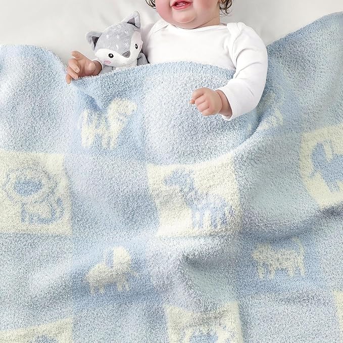 CREVENT 2Pcs 30''X40'' Cute Cozy Fluffy Warm Baby Blankets for Infants Toddlers' Bedding Crib Cot Stroller - Grey Cloud + Knit Animal Blue