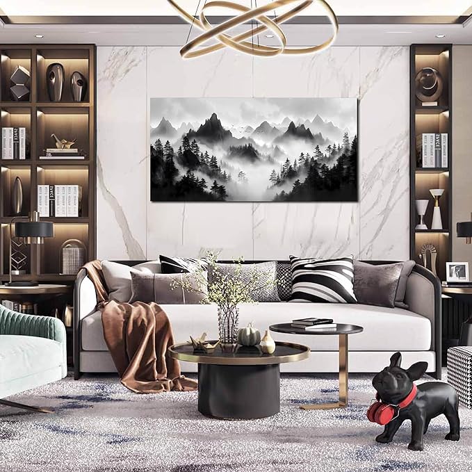 Forest Canvas Wall Art for Office - Black and White Landscape Pictures for Living Room - Mountain Wall Decor for Bedroom Men Size 24" x 48"