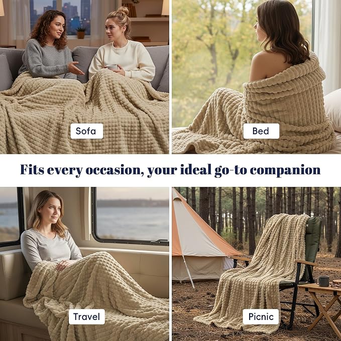 PHF Luxury Soft Fleece Blanket King Size, No Shed No Pilling, 380GSM Fluffy Cozy Throw Blankets for Bed, 108"x90",Lightweight Warm Bedding for Home Decor, Ideal Gift for Women, Khaki