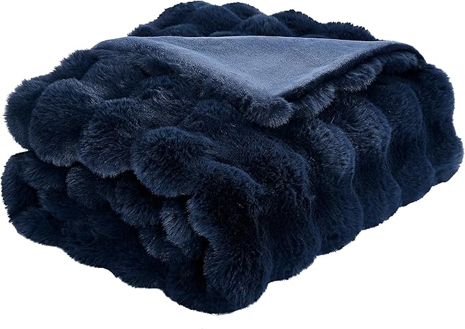 JONIYEAR Super Large Soft Fuzzy Bubble Faux Rabbit Fur Bed Blanket Full Size 70" x 80",Decorative Big Thick Warm Fluffy Blanket for Winter, Luxury Cute Cozy Plush Shaggy Comfy Furry Blankets,Navy Blue
