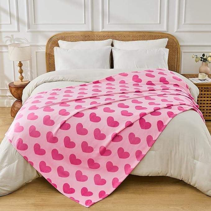 FY FIBER HOUSE Heart Flannel King Blanket Soft Cozy Blankets for Lover Gifts All Season Use, 90x108 Inches, Hot Pink