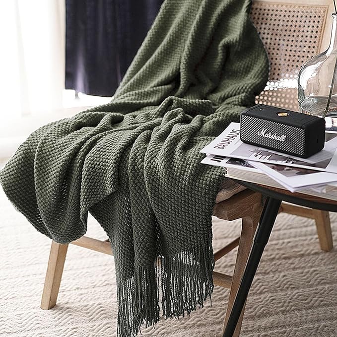 LOMAO Knitted Throw Blanket with Tassels Bubble Textured Lightweight Throws for Couch Cover Home Decor (Dark Olive, 60x90)