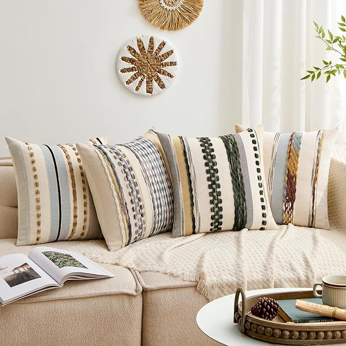 ANRODUO Pack of 1 Boho Decorative Throw Pillow Covers 18x18 Farmhouse Cushion Case Striped Chenille Pillow Cases Square Pillow Covers Accent Neutral Pillowcase for Sofa Couch Bed, Dark Green Stripe