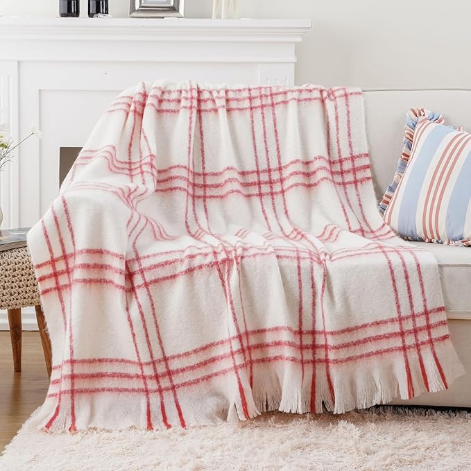 BATTILO Cream Plaid Throw Blanket for Couch Bed, Farmhouse Mohair Blankets Throws, Soft Cashmere Tartan Plaid Throws, Red Christmas Stripe Throw Blankets for Home Decor(50"x60")