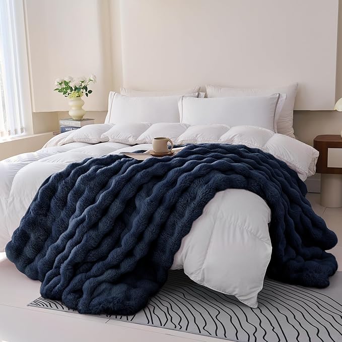 Comelady Faux Rabbit Fur Throw Blanket for Couch,Soft Fluffy Thick Bubble Blanket for Bed Sofa Room Decor-Lightweight Cozy Fuzzy Blanket Gifts for Women Men,Navy Blue,50"×60"