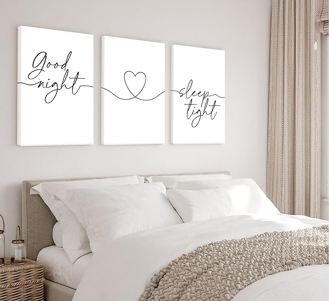 3Pcs Minimalist Style Wall Art Bedtime Quotes Painting Picture Wall Decor Good Night Sleep Well Black Line Art Heart Shape and Phrase Poster Print Artwork for Living Room Bedroom Home Decoratio