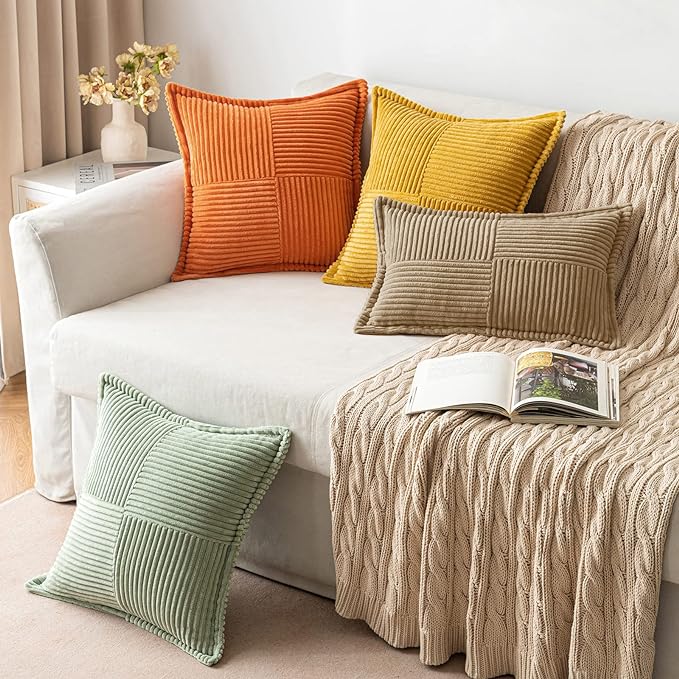 MIULEE Decorative Lumbar Throw Pillow Covers for Couch Bed Livingroom 12x20 Inch Set of 2 Khaki Boho Accent Throw Pllows Broadside Striped Patchwork Soft Corduroy Pillowcases
