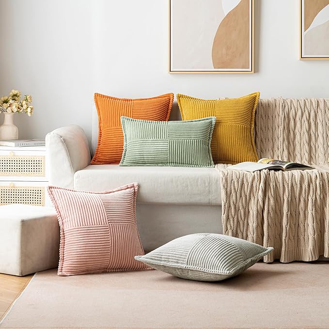 MIULEE Burnt Orange Decorative Lumbar Throw Pillow Covers for Couch Bed Livingroom 12x20 Inch Set of 2 Boho Accent Throw Pllows Broadside Striped Patchwork Soft Corduroy Pillowcases