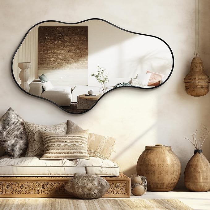 Irregular Wall Mirror - Wall Mirrors Decorative 24"x 40" Asymmetrical Abstract Mirror Aviation Aluminum Alloy Frame Unique for Bathroom, Bedroom, Living Room, Cloakroom, Entryway Black