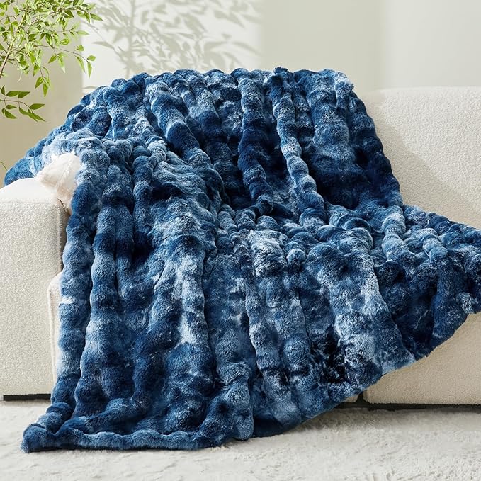BEDELITE Faux Fur Throw Blanket for Couch, Decorative Tie-Dye Blue Plush Bubble Blanket - Super Soft & Cozy Fluffy Faux Rabbit Fur Blanket for Women Gift, 60x80 Inches