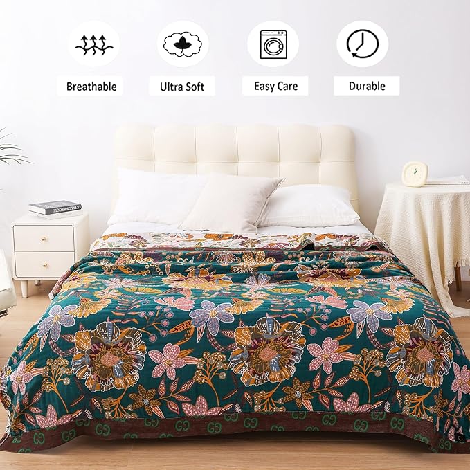 Boho Throw Blanket for Bed, 100% Cotton Muslin Soft Twin Throw-Floral Farmhouse Rustic Decor Blanket for Couch Sofa Quilt and Gift, 60" x 80"-BeigeWhite