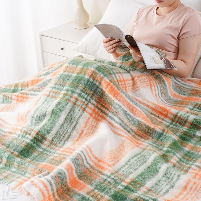 BATTILO Green Plaid Throw Blanket for Couch, Fall Mohair Tartan Plaid Blanket, Farmhouse Style Orange Throw Blankets for Home Decor(50"x60")
