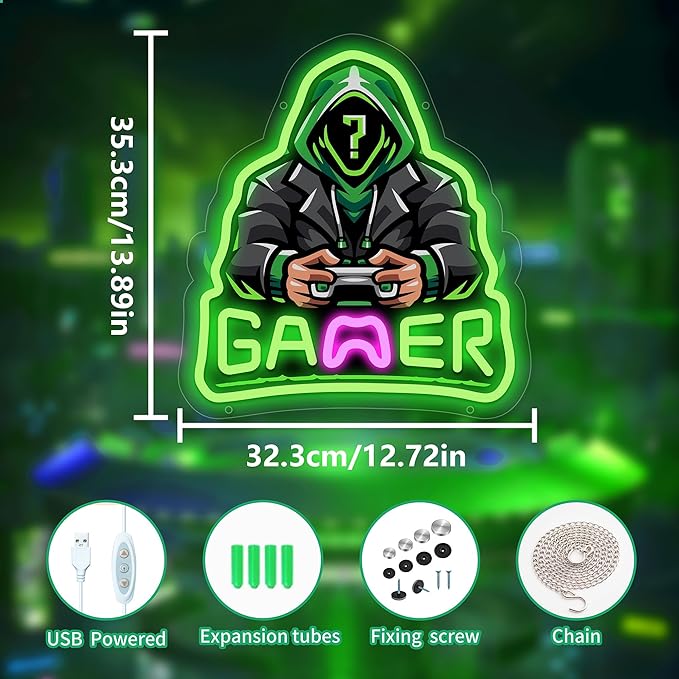 Gamer Neon Sign, Game Player Neon Sign for Gamer Room Decor, Adjust Brightness Gaming Lights for Wall, Gaming Decor for Boys Bedroom and Video Game Room