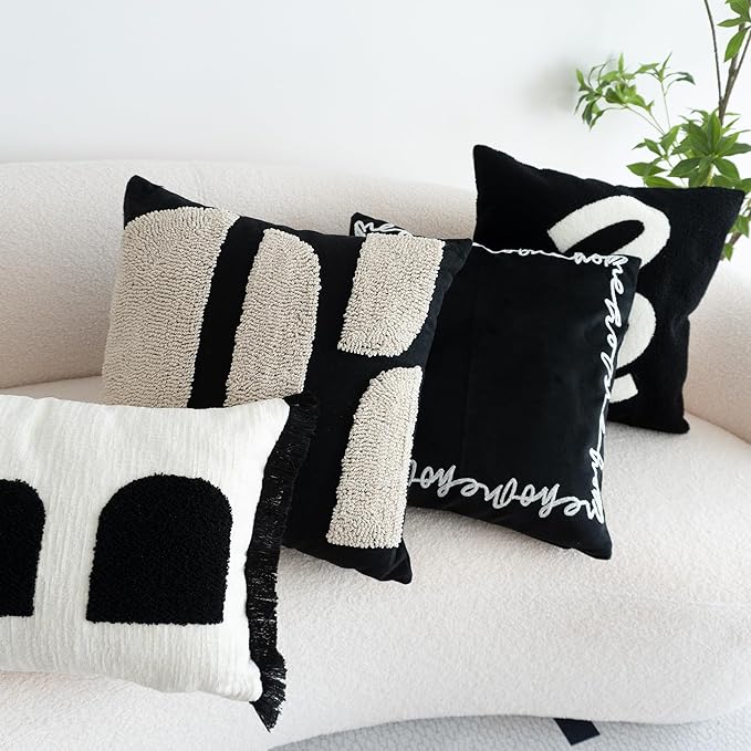 Black Cream Boho Chunky Tufted Pillow Cover, Neutral Decorative Square Throw Pillow Case, Geometric Woven Modern Sham for Bed Couch Living Room, 18x18 inches, 1PCS