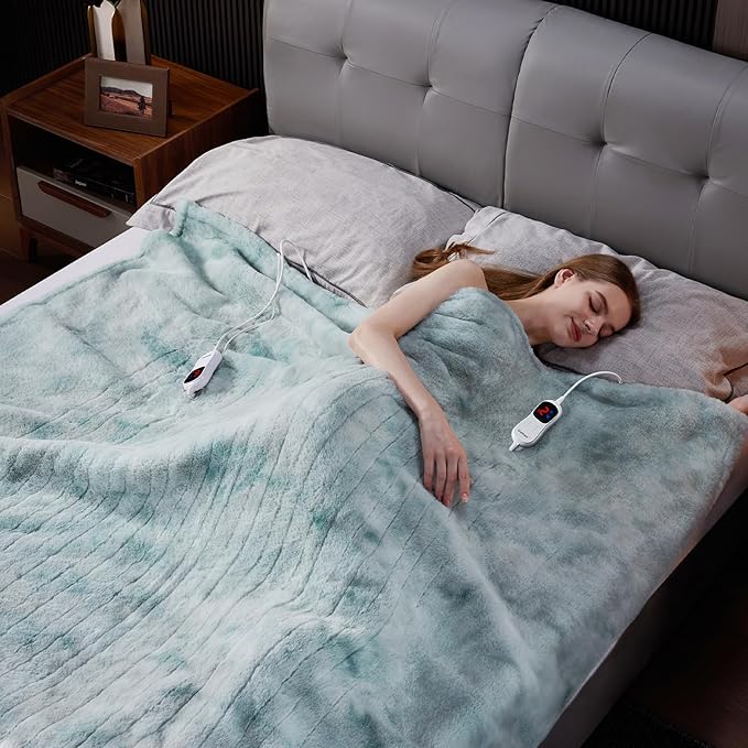 Guohaoi Heated Blanket Electric Throw, Soft Faux Rabbit Fur Electric Blanket with 10 Heating Levels 5 Sitting Timer Auto Off, Dual-Controller Heating Blankets, Machine Washable(90"×100" Blue)