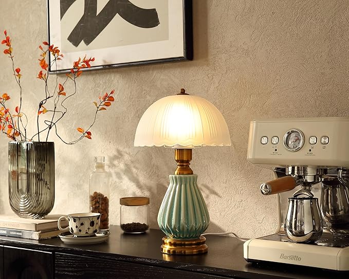 Vintage Table Lamp for Living Room,16" Mid Century Modern Ceramic Lamps for Bedroom,Retro Bedside Nightstand Mushroom Glass Lamps, Classic Chinoiserie Green Lamp for Home Decor (LD004)
