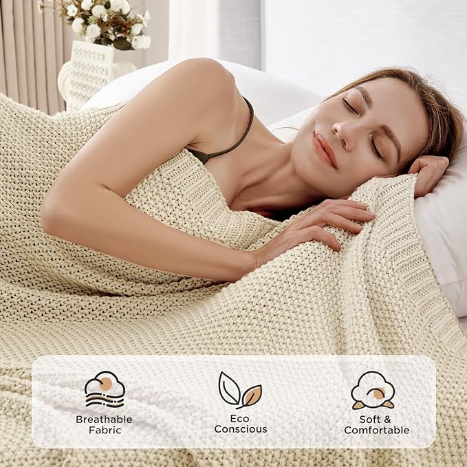 Joydeco Chunky Cable Knit Throw Blanket, Lightweight 100% Cotton Soft Cozy Throw Twin Blanket for Couch Bed and Sofa, Rustic Breathable Farmhouse Blanket Gift for Women Men(Cream White, 51"x63")