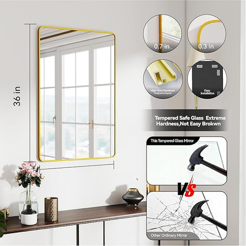 24x36 Mirror Rectangle Full Length Wall Mounted or Against Wall Aluminum Alloy Metal Frame Dressing Mirrors for Entryway Bedroom Bathroom Living Room 36x24 inch Gold