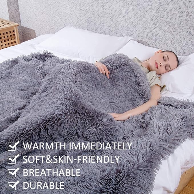 YUSOKI Long Faux Fur Twin Size Blanket,2 Layers,3.4lb for Bed Couch Home Décor Gifts Men (Grey,60" x 80")