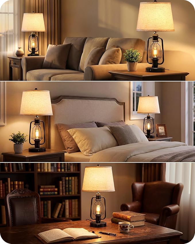 Farmhouse Table Lamps Set of 2, Industrial Bedside Table Lamps with USB Ports, Rustic Vintage Nightstand Desk Lamps for Living Room, Bedroom, 4 Bulbs Included, Beige and Black E14TLP205