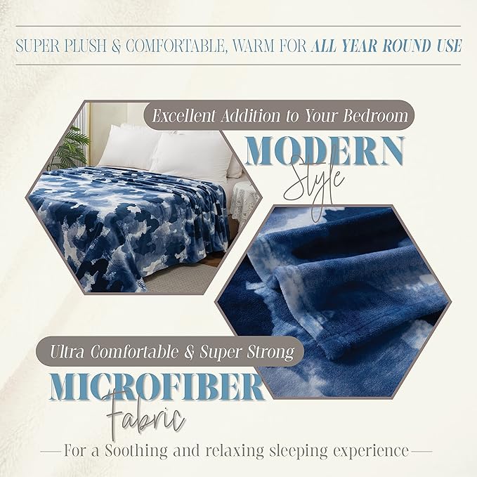 Elegant Comfort Luxury Velvety Feel Blanket, All-Season Lightweight Blanket, Ultra Plush, Soft, Cozy-Fuzzy Flannel Fleece for Couch, Sofa, Bed, Travel, Camouflage Design, Full/Queen, Blue