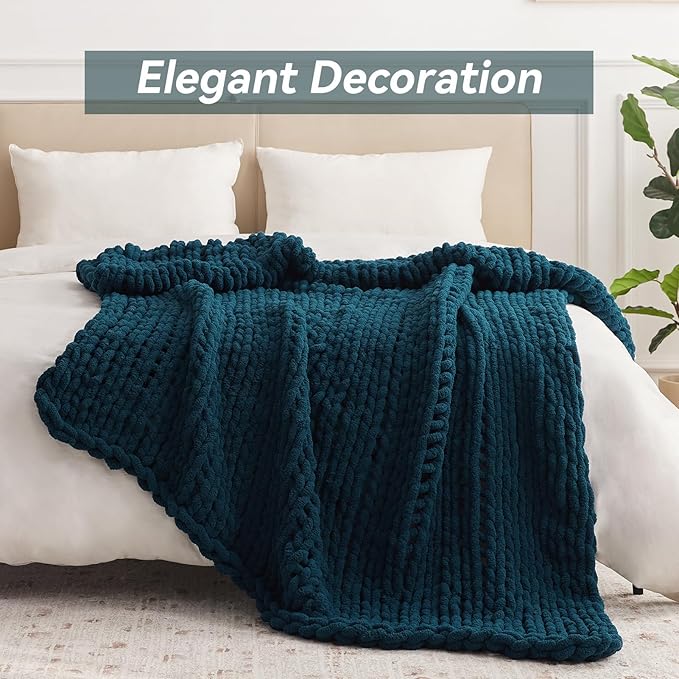 Chunky Knit Throw Blanket, 80''*90'' Knitted Throw Chenille Yarn for Bed Couch, Handmade Peacock Blue Crochet Big Thick Blanket, Machine Washable Cute Comfy Blanket for Home Decor