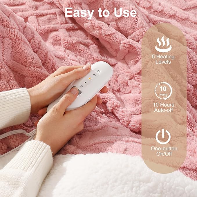 Electric Blanket Twin Heated Blanket 62''X84'' with 5 Heating Levels & 10 Hours Auto Off, ETL& FCC Certification Dual Sherpa Twin Heating Blanket Washable for Home/Office/Bed, Great Gift(Pink)