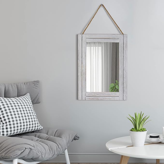 12 x 16 in Wall Decorative Mirror, Rustic Wood Frame Rectangular Mirror with Hanging Rope for Entryway, Bedroom, Guest Bathroom, Living Room, Bedroom - Grey