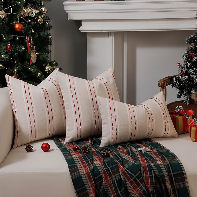 Hckot Christmas Throw Pillow Covers 24x24 Set of 2 Red Pillow Covers Striped Decorative Pillows Xmas Decorations Cushion Covers Winter Holiday Decor for Sofa Couch Living Room(Red)