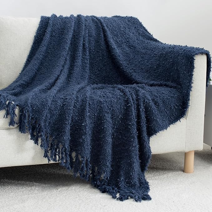 Winter Knit Throw Blanket Fluffy Fuzzy Soft Lightweight Cozy Farmhouse Tassels Chunky Knitted Throws for Couch Sofa Bed (Navy Blue, 50"x60")