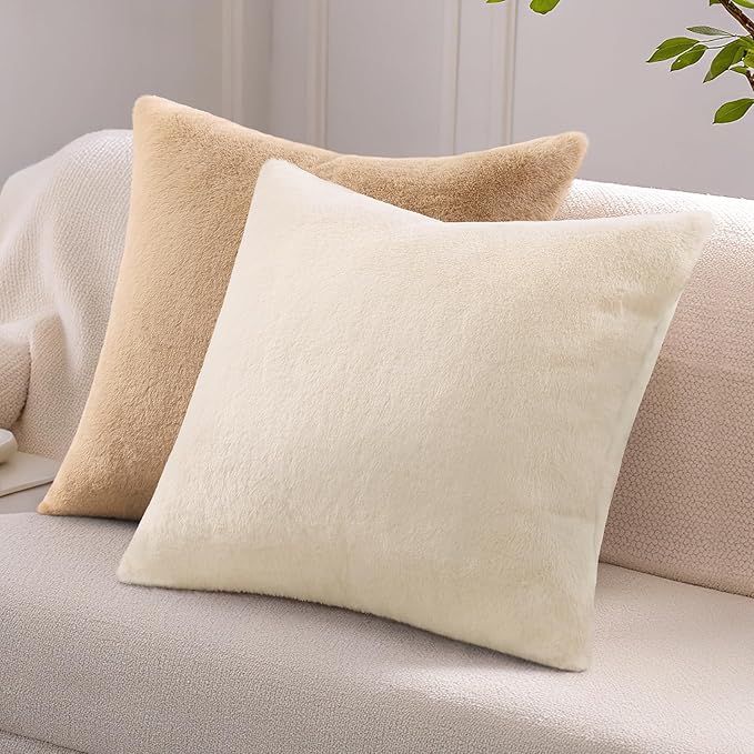 Pallene Faux Fur Plush Throw Pillow Covers 20x20 Set of 2, Soft Fluffy Couch Pillow Covers for Living Room, Khaki