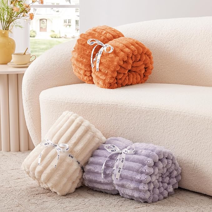 EXQ Home Fall Throw Blanket for Couch or Bed - 3D Stripe Jacquard Decorative Fleece Blankets - Cozy Soft Lightweight Fuzzy Flannel Blanket Suitable for All Seasons(50"×60",Orange)