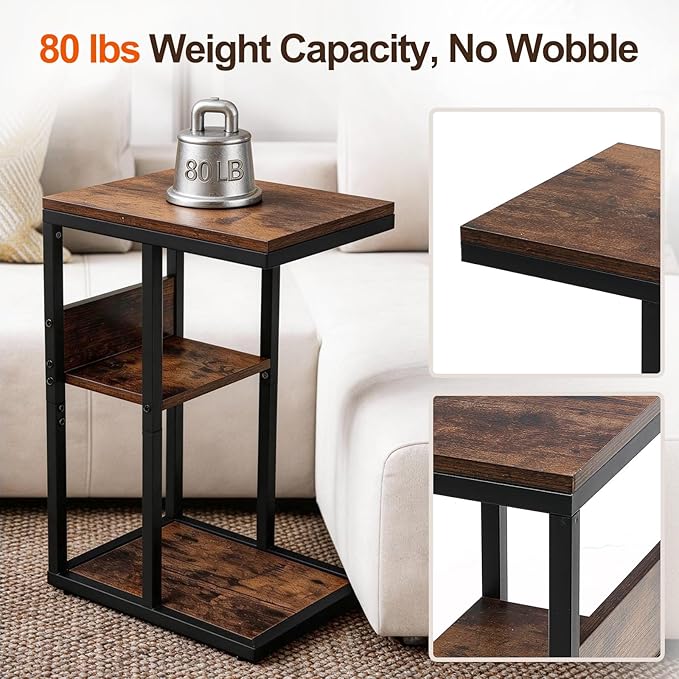 King Oasis 3-Tier Brown Metal Side Table - Industrial End Table & Nightstand with Adjustable Feet, 80LB Sturdy Small Bedside Table Storage Shelf for Living Room, Bedroom, and Small Spaces