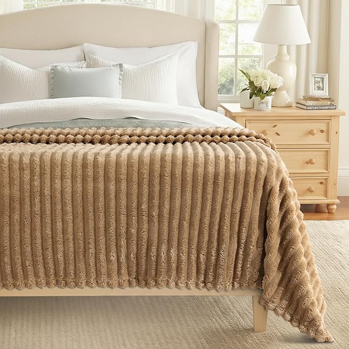 decorUhome Soft Fleece Brown Blanket Queen Size for Bed, Cozy Fluffy Plush Flannel Large Striped Throws for Couch Sofa, Lightweight Decorative Fuzzy Blanket for Woman, 90x90 Inches