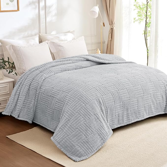 Whale Flotilla Lightweight Fleece Twin Size Blanket for Bed, Fuzzy Soft Blankets with Decorative Jacquard Pattern for All Season, Warm and Fluffy, 60x80 Inch, Light Grey