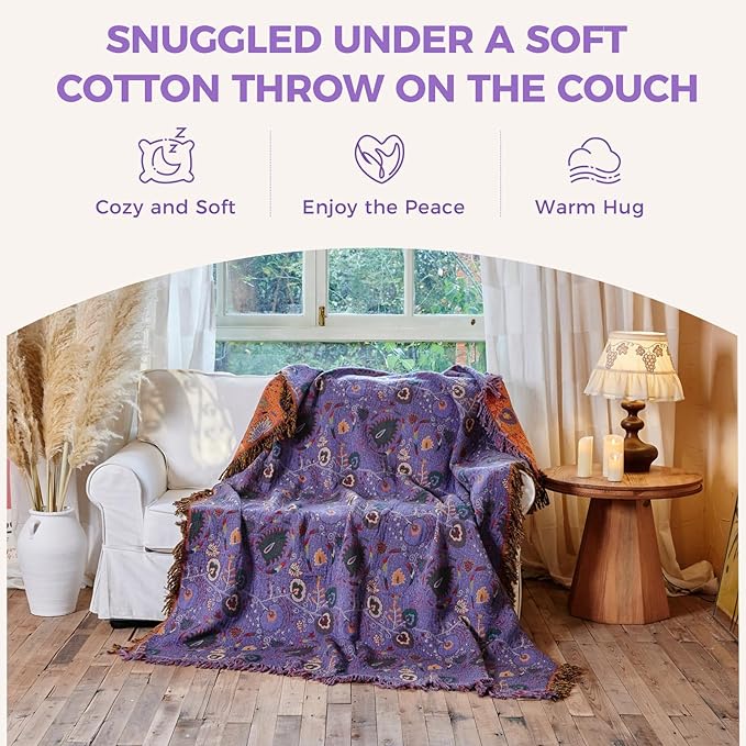 Boho Throw Blanket for Bed 100% Cotton Soft Lightweight Quilt Home Livingroom Decor Purple Spring Bed Blanket,Floral Embroidery Reversiable All Season Breathable Blankets for Sofa Couch Chair 90"x98"