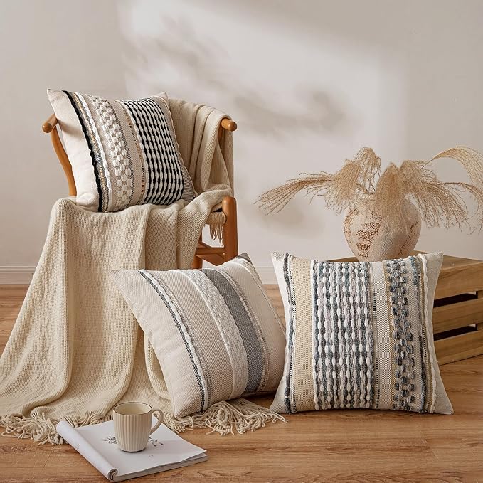 ANRODUO Pack of 2 Boho Decorative Throw Pillow Covers 20x20 Farmhouse Cushion Case Striped Chenille Pillow Cases Square Pillow Covers Accent Neutral Pillowcase for Sofa Couch Bed, Black-White Stripe