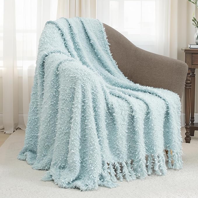 Winter Knit Throw Blanket Fluffy Fuzzy Soft Lightweight Cozy Farmhouse Tassels Chunky Knitted Throws for Couch Sofa Bed (Dream Blue, 60"x80")