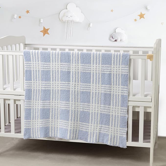 CREVENT 2Pcs 30''X40'' Cute Cozy Fluffy Warm Baby Blankets for Infants Toddlers' Bedding Crib Cot Stroller - Grey Cloud + Knit Line Blue