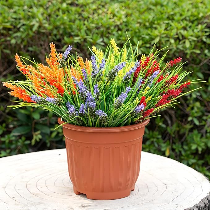 20 Bundles Artificial Plants Outdoor, UV Resistant Fake Flowers, Realistic Faux Lavender Shrubs for Porch Garden Window Box Home Decoration (Orange)