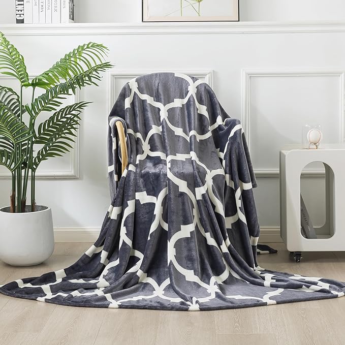 Gray Pattern Throw Blanket, 50x60 Inches Travel Size Microfiber Soft Cozy Fluffy Warm Hand Made Throw Blankets for Couch, Sofa, Chair, Bed, Camping, Picnic,Grey and White