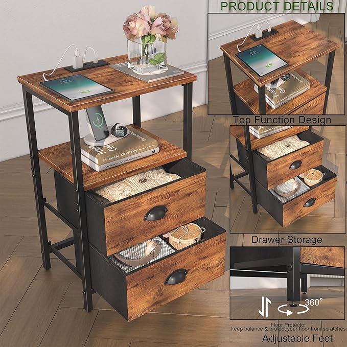 Rustic Brown Industrial Nightstand Set of 2, Bedside Table with 2 Fabric Drawers, 3-Tier Storage, LED Light, Charging Station, 11.38''D * 15.38''W* 24.75''H