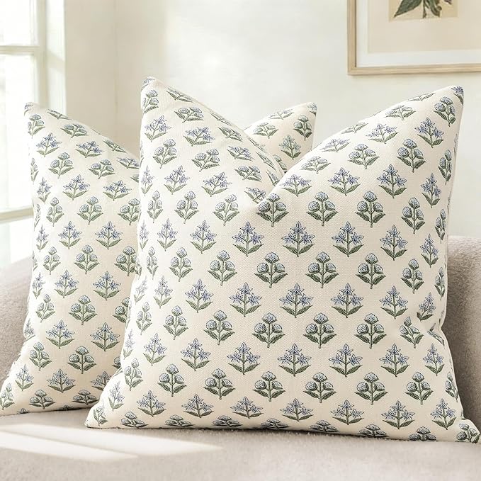 YCOLL Farmhouse Floral Print Throw Pillow Covers 22x22 Set of 2, Rustic Decorative Cushion Covers for Sofa Couch Bed Living Room, Vintage Floral Patterned Cottage Home Decor, Blue Green