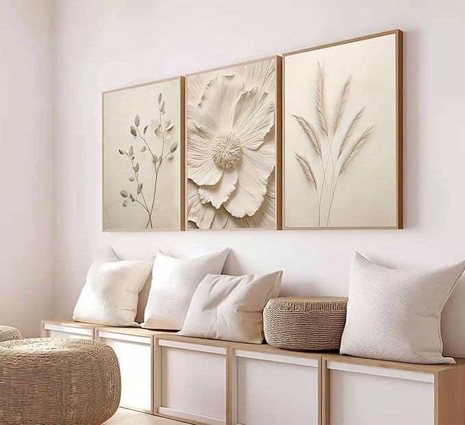 3Pcs Neutral Beige Floral Plant Canvas Wall art Textured Flower Botanical Painting Picture Wall Decor Vintage Blossom Poster Prints for Living Room Bedroom Bathroom Decor Unframed