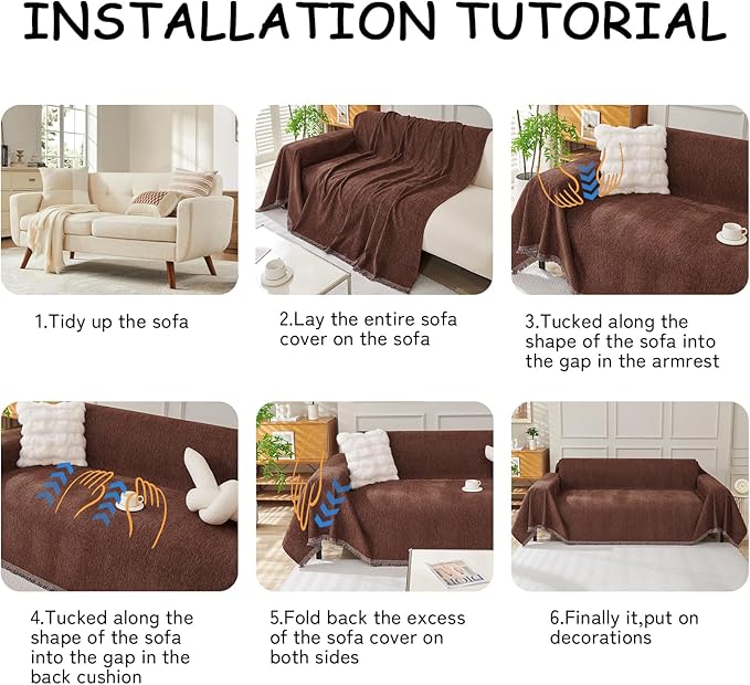 HANDONTIME Chocolate Couch Covers for Sofa Couch Slipcover with Non-Knot Tassels Washable Sofa Protector for Dogs Chenille Couch Covers for 3 Cushion Couch Pet Friendly Durable Slipcovers, 91"x118"