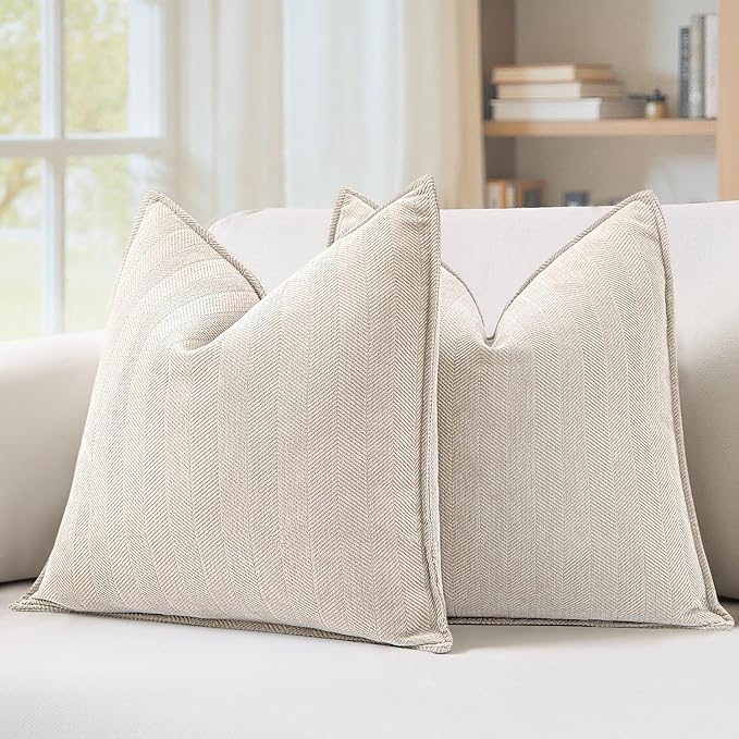 MIULEE Pack of 2 Cream Beige Decorative Pillow Covers 22x22 Inch Soft Chenille Couch Throw Pillows Farmhouse Cushion Covers Euro Shams with Elegant Design for Sofa Bedroom Living Room Spring Decor